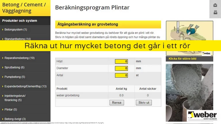 Beräkna mängden betong till en plint med Webers beräkningsprogram